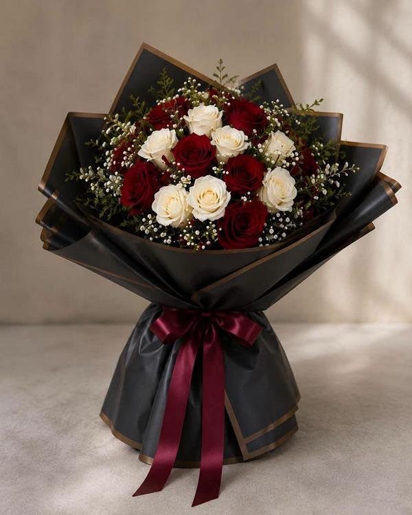 Un bouquet de luxe spectaculaire présentant un dôme de roses rouges souligné par une bordure perlée et un emballage architectural blanc plissé.